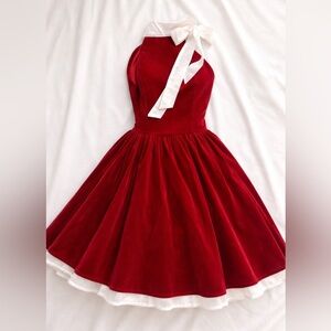 Red Velvet Fit-and-Flare Dress with neck ribbon